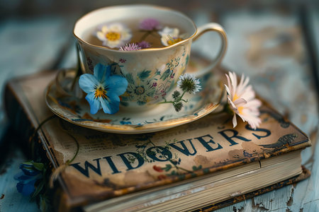 Cup of herbal tea with vintage book and flowers on old wooden tableの写真素材