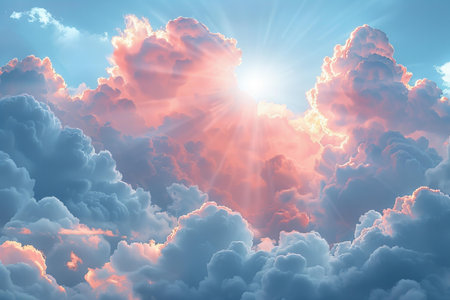 Beautiful sunset sky with clouds and sun rays. 3d renderingの写真素材