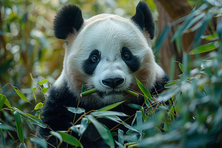 Giant panda eating bamboo leaves in a park in Hong Kongの写真素材