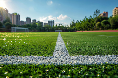 soccer field with green grass and white line in the football stadiumの写真素材