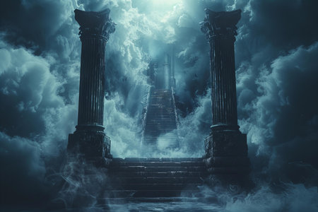 Mystical dark scene with stairs and columns, 3d renderの写真素材