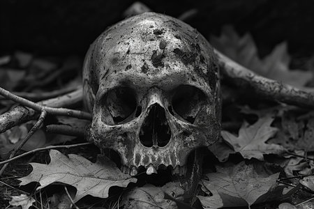 Skull on the ground in black and white. Halloween concept.の写真素材
