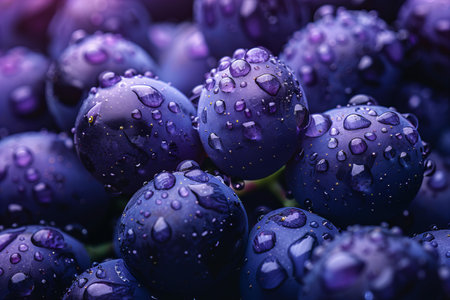 Macro shot of a bunch of black grapes with water dropletsの写真素材