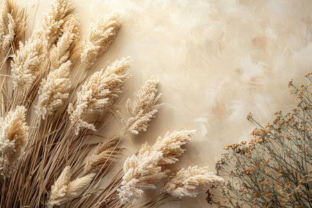 Dry pampas grass on textured background, top viewの写真素材