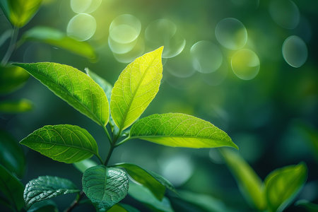 Green leaves with bokeh light background, nature and environment conceptの写真素材