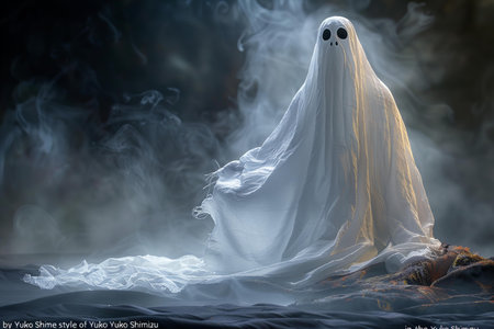 Halloween background with ghost and fog, 3d rendering. Computer digital drawing.
