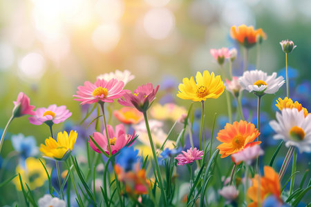 Colorful flowers in the meadow with sunlight. Nature background.の写真素材