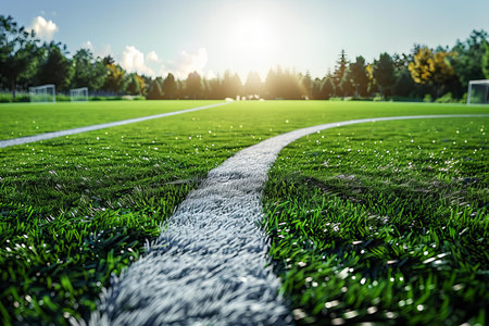 Soccer field with green grass and white marking lines at sunset.
