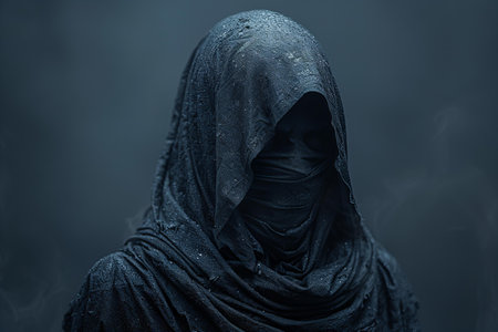 Ghost woman in black dress with hood on head, halloween conceptの写真素材
