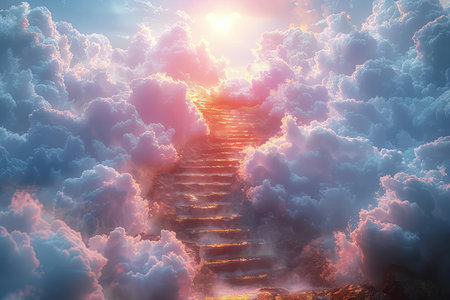 Staircase leading to the sun through the clouds. 3d render