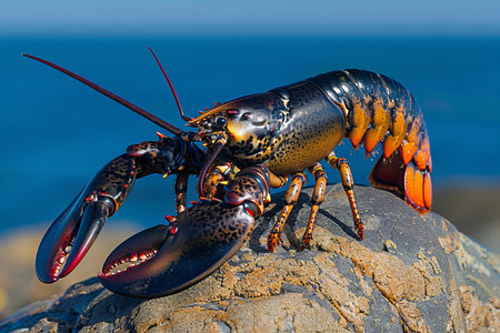 Lobster on a rock in the wild, close-upの写真素材