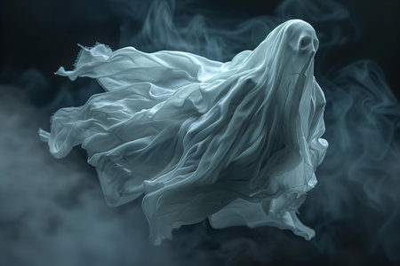 piece of white cloth flying in the air on a black background.の写真素材