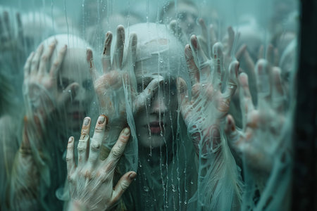 Horror scene of scary zombie girl in the rain. Horror Halloween concept.