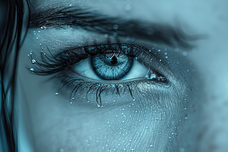 Beautiful blue female eye with drops of water. Close up.の写真素材