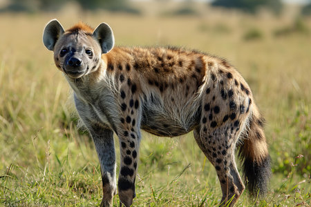 Spotted hyena, Crocuta crocuta, single mammal in grass, South Africaの写真素材