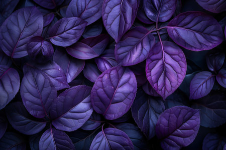 Purple basil leaves texture background. Top view, flat lay.の写真素材