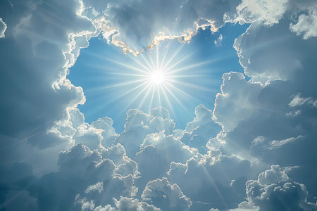 Blue sky with white clouds and sun. Nature background. 3d renderingの写真素材