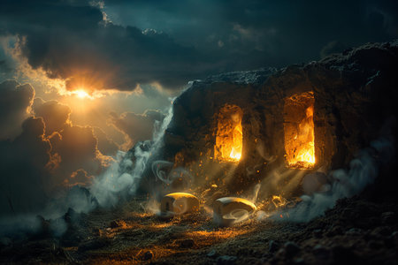 Ruins of city at night. City destroyed by war. Mixed mediaの写真素材
