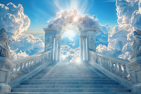 White marble stairs leading to heaven with blue sky and clouds. 3d renderingの写真素材