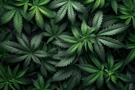 Cannabis leaf background. Green cannabis leaves background. Top view of cannabis plant. Marijuana grow operation.の写真素材