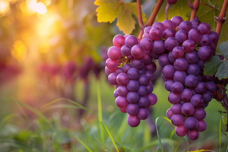 Ripe red grapes on the vineyards in the sunset light.の写真素材