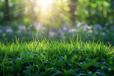 Green grass with flowers and sunlight in the morning. Natural background.