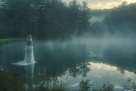 Foggy morning at the lake in the forest. Beautiful landscape.