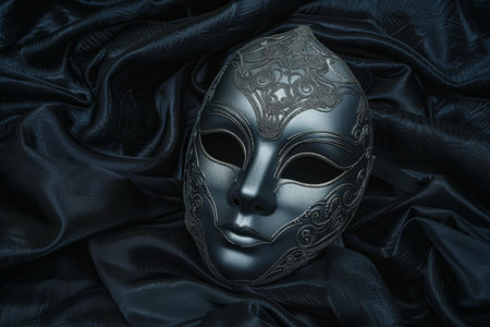 Beautiful Venetian mask on black silk background, closeupの写真素材