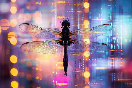 Dragonfly on abstract background. 3D rendering. Bokeh effect.の写真素材