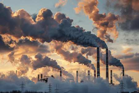 Industrial smoke from chimney of power plant at sunset. Concept of environmental pollutionの写真素材