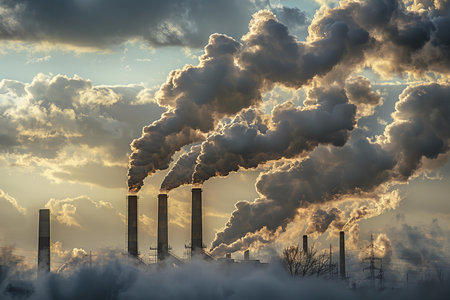 Chimneys of a thermal power plant against the blue sky with clouds