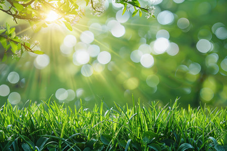 Spring background with green grass, bokeh and sunbeamsの写真素材