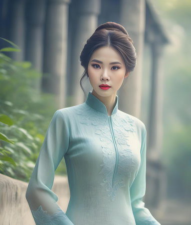Portrait of a beautiful Vietnamese woman in traditional dressの写真素材