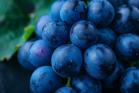 Closeup of bunch of blue grapes with water drops on black backgroundの写真素材