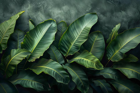 Tropical green leaves on dark background. Flat lay, top view.の写真素材