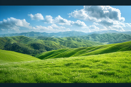 Green hills and blue sky. Nature composition. Elements of this image furnished by NASA