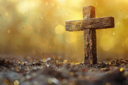 Wooden cross on the ground with golden bokeh background.の写真素材