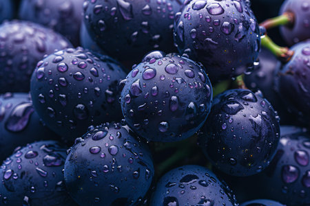 Bunch of fresh black grapes with water drops, close-up