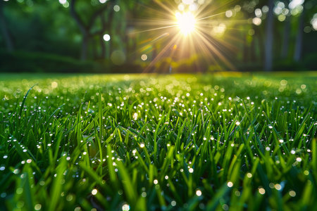 Green grass with morning dew and sun light. Natural background.の写真素材