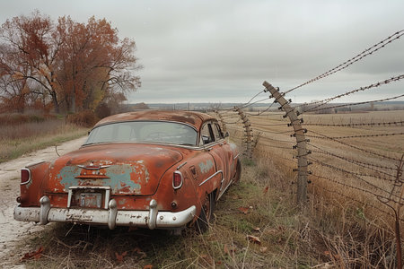 Abandoned car in a field with barbed wire fence.の写真素材