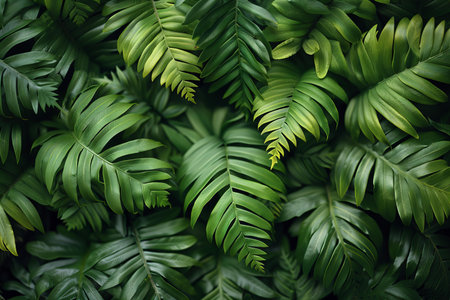 Tropical green leaves background. Nature backdrop. Top view.の写真素材