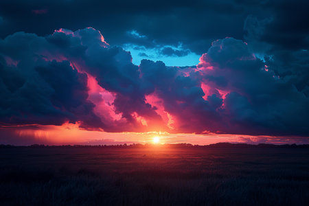 Sunset in the field. Dramatic sky. Nature composition.の写真素材