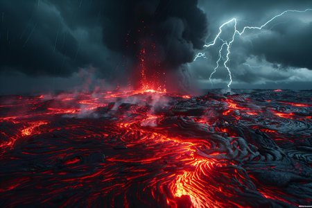 Volcanic eruption with lava and lightning. 3D illustration.