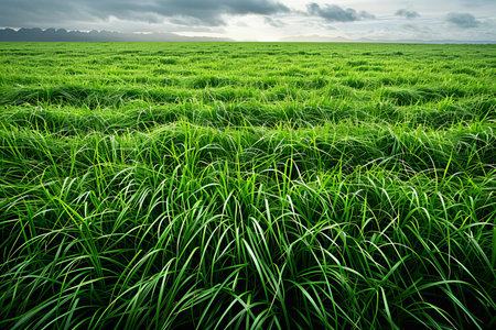 Green grass field with cloudy sky background