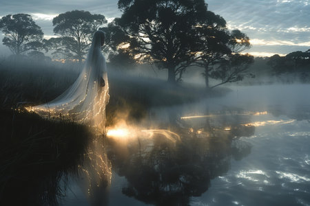 A bride in a wedding dress on a misty lake during sunrise.の写真素材