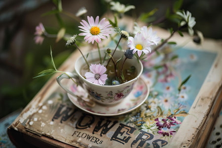 Cup of tea with daisies and chamomilesの写真素材