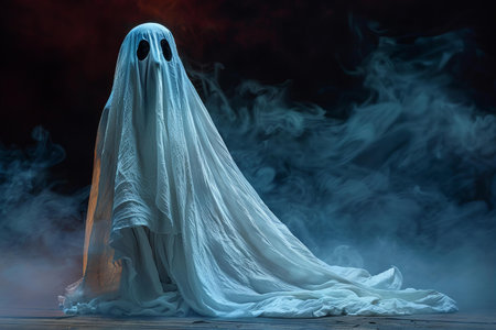 Halloween concept. White ghost on dark foggy background with copy space
