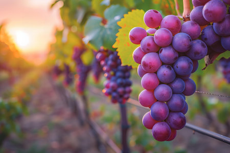 Ripe grapes in vineyard at sunset. Ripe grapes on vineyardsの写真素材