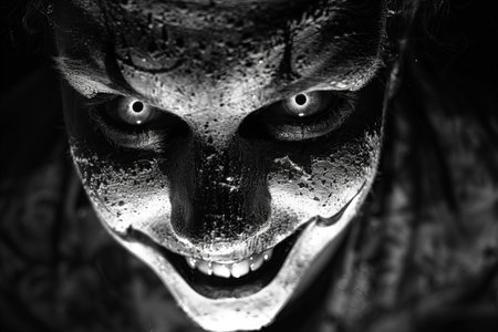 Portrait of a scary clown. Horror film. Black and white.の写真素材