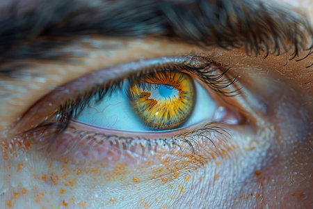 Close-up of human eye with blue iris. Macro shot